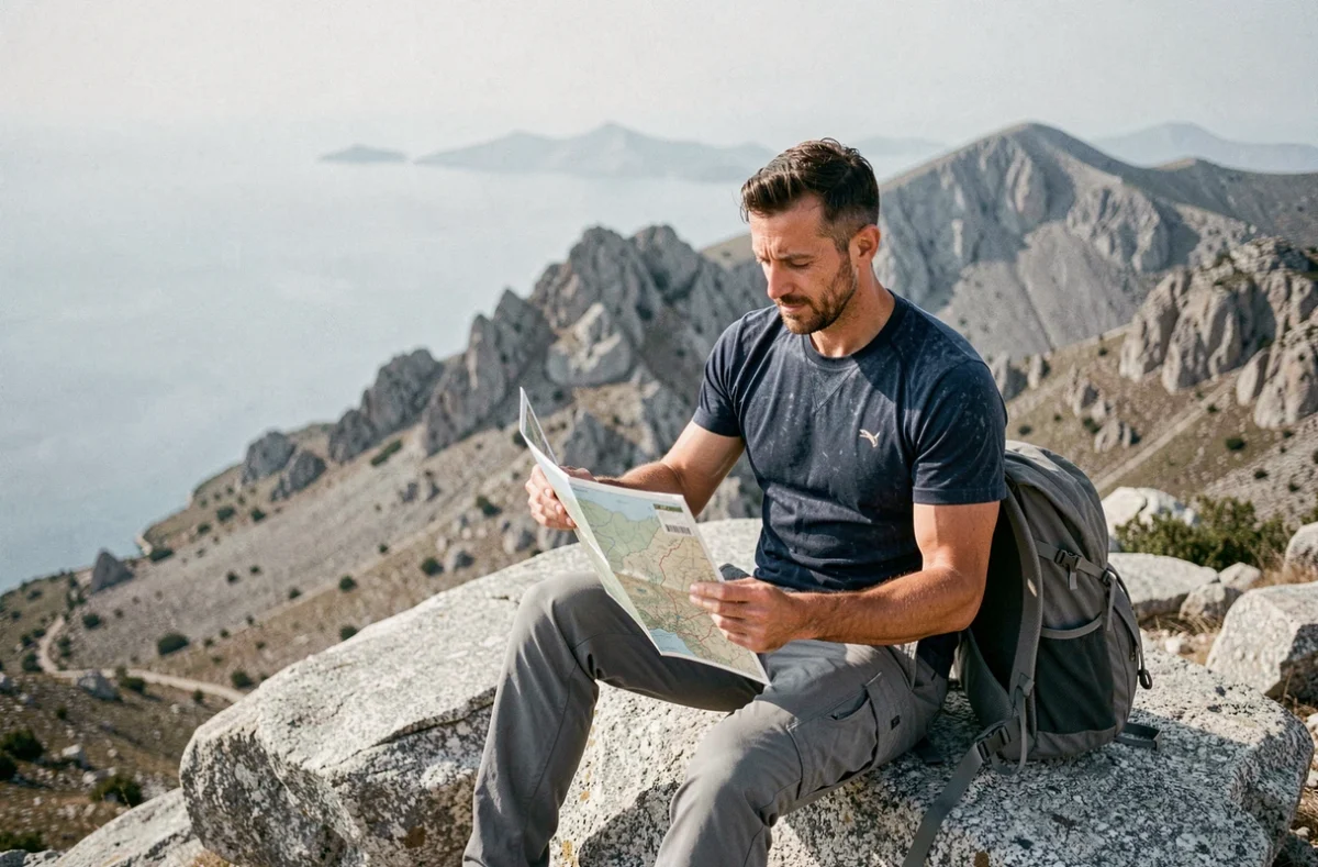 Randonneur consultant une carte topographique au sommet d'un belvédère rocheux de Tinos avec vue sur la mer Égée