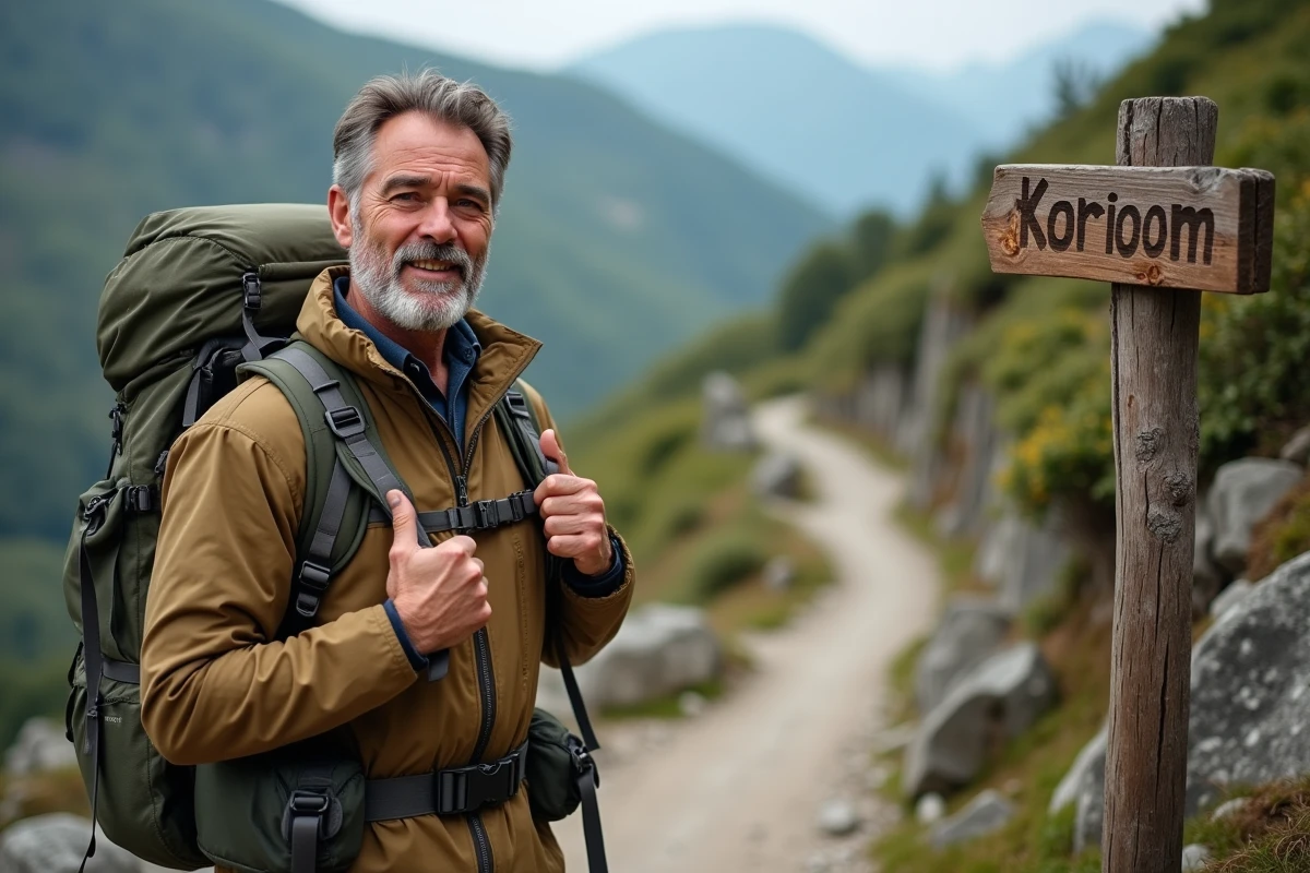 Homme en randonnée ajustant son sac devant le sentier Koriom