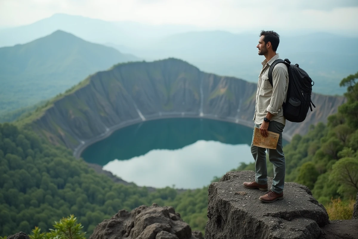 Voyageur au sommet du mont Apo surplombant le lac de cratère dans la forêt tropicale de Mindanao