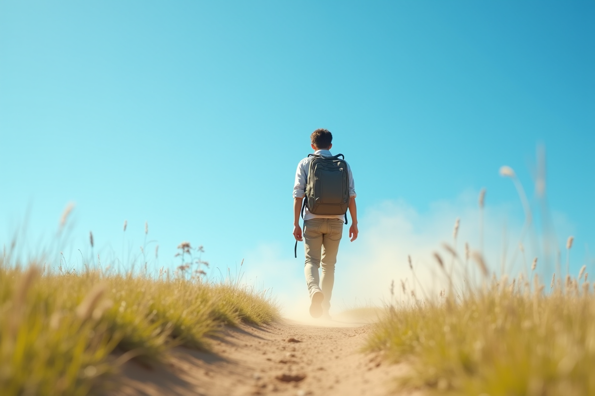 Jeune voyageur avec sac à dos dans un paysage ensoleille