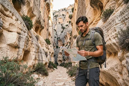 Randonneur solo à l'entrée des gorges de Gorropu en Sardaigne consultant une carte papier face aux falaises calcaires impressionnantes