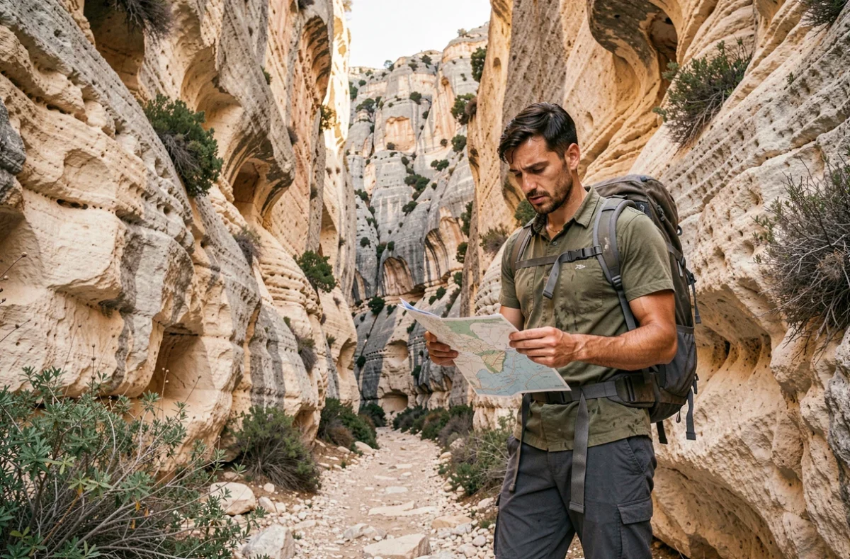 Randonneur solo à l'entrée des gorges de Gorropu en Sardaigne consultant une carte papier face aux falaises calcaires impressionnantes