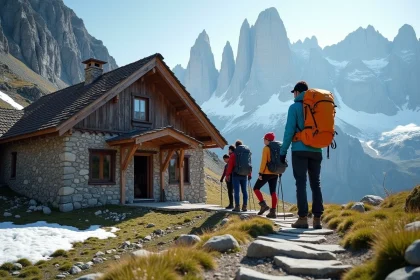 Groupe de randonneurs devant un refuge montagnard avec mont blanc en arri&egrave;re-plan