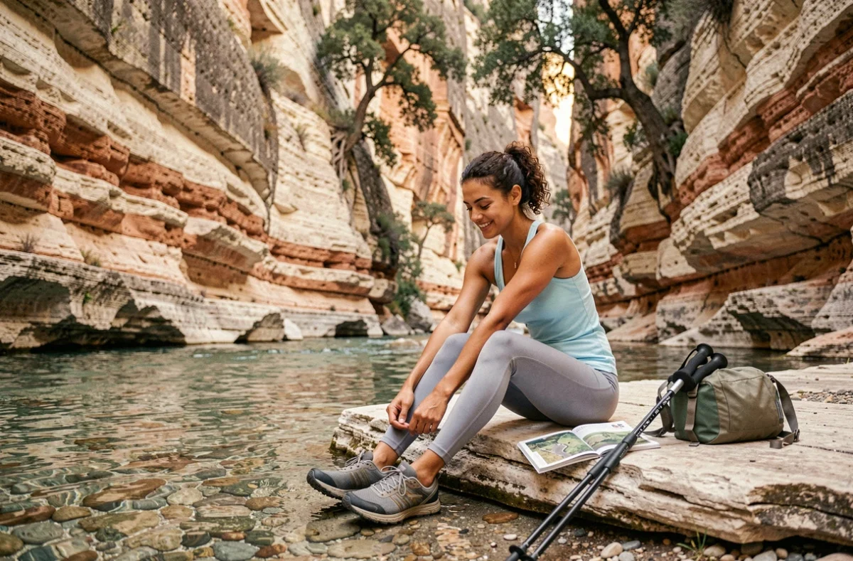 Randonneuse en pause au bord d'une rivière dans les gorges de Gorropu, consultant un guide de randonnée posé sur ses genoux