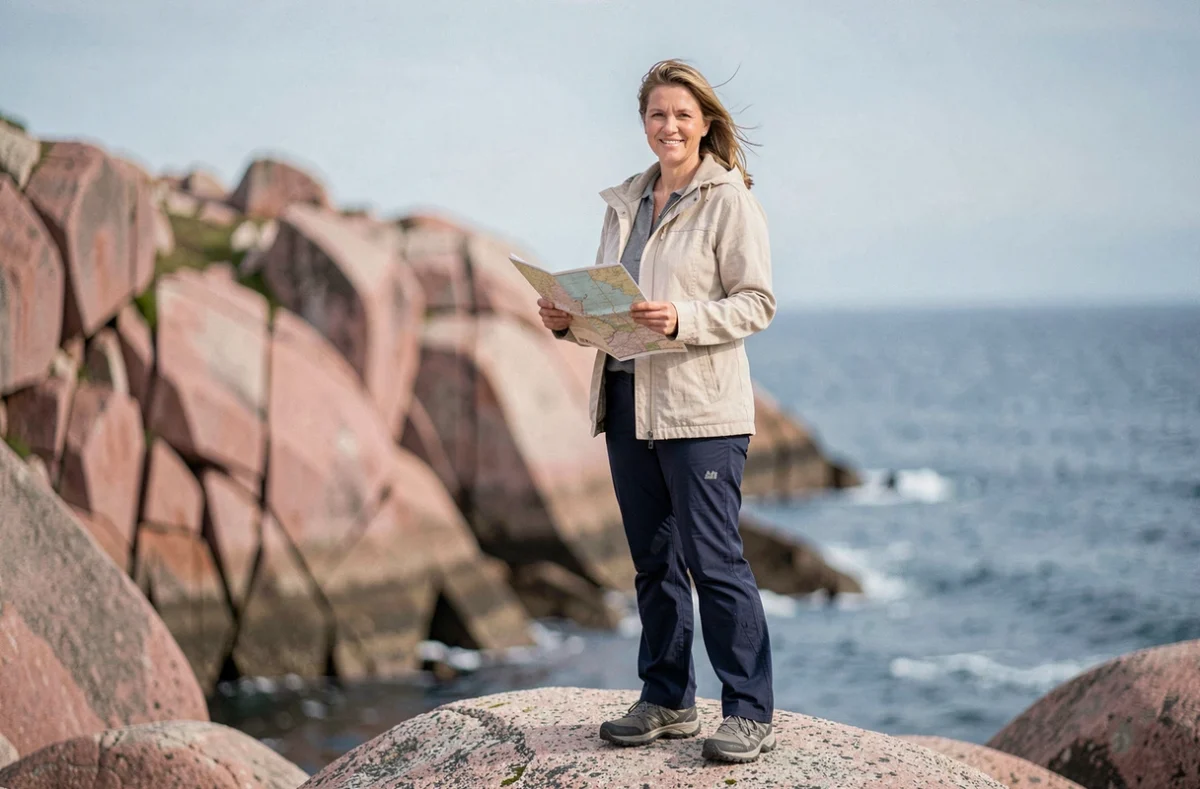 Femme randonneuse consultant une carte sur les rochers de granit rose à Ploumanac'h lors d'un itinéraire côtier en Bretagne