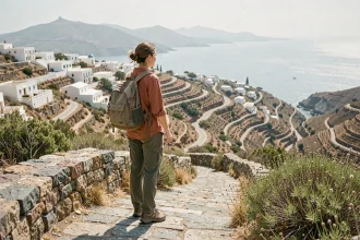 Randonneuse sur un sentier de pierre pavée de Tinos avec vue panoramique sur les villages et la mer Égée