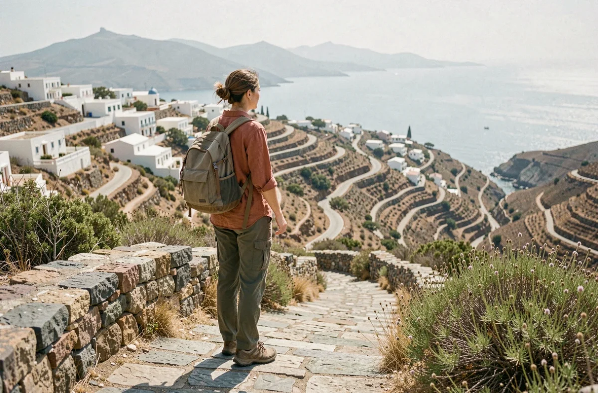 Randonneuse sur un sentier de pierre pavée de Tinos avec vue panoramique sur les villages et la mer Égée