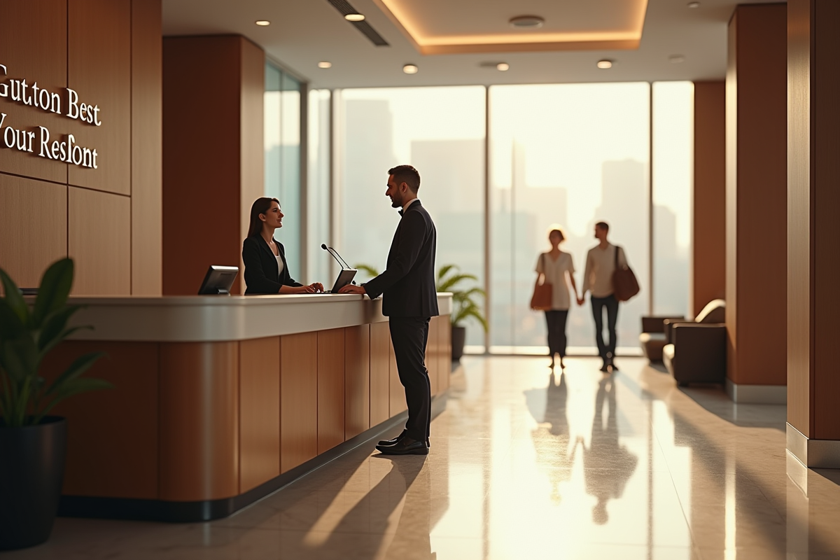Réception d'hôtel accueillante dans le lobby lumineux
