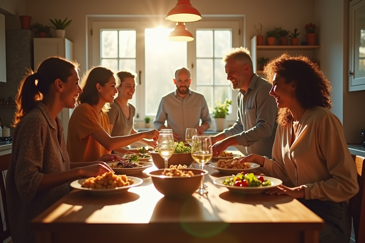 Repas convivial dans une cuisine chaleureuse avec un groupe diversifié