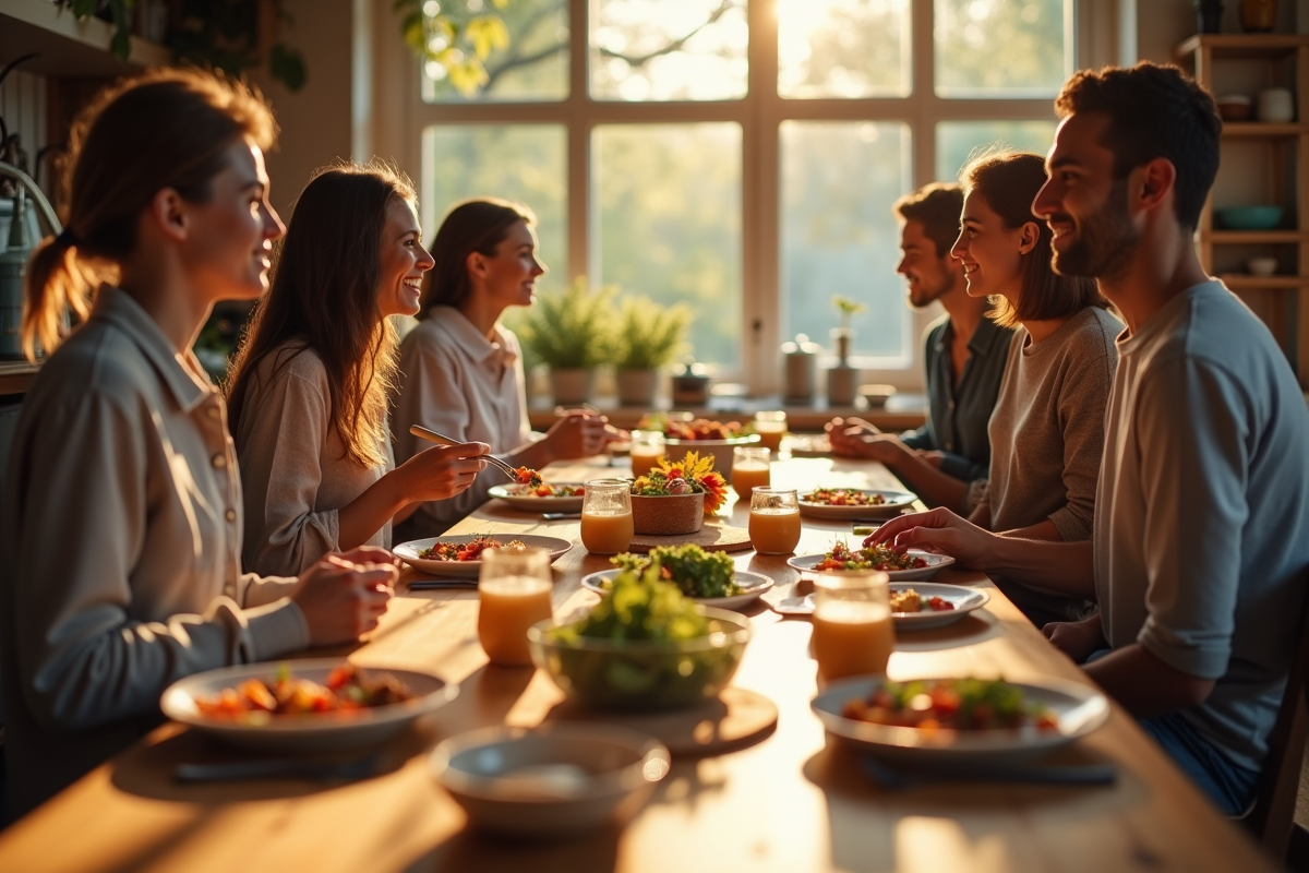 Groupe de jeunes partageant un repas convivial dans une cuisine lumineuse
