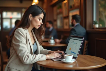 Femme réservant un billet de train pour Venise sur un ordinateur portable dans un café parisien