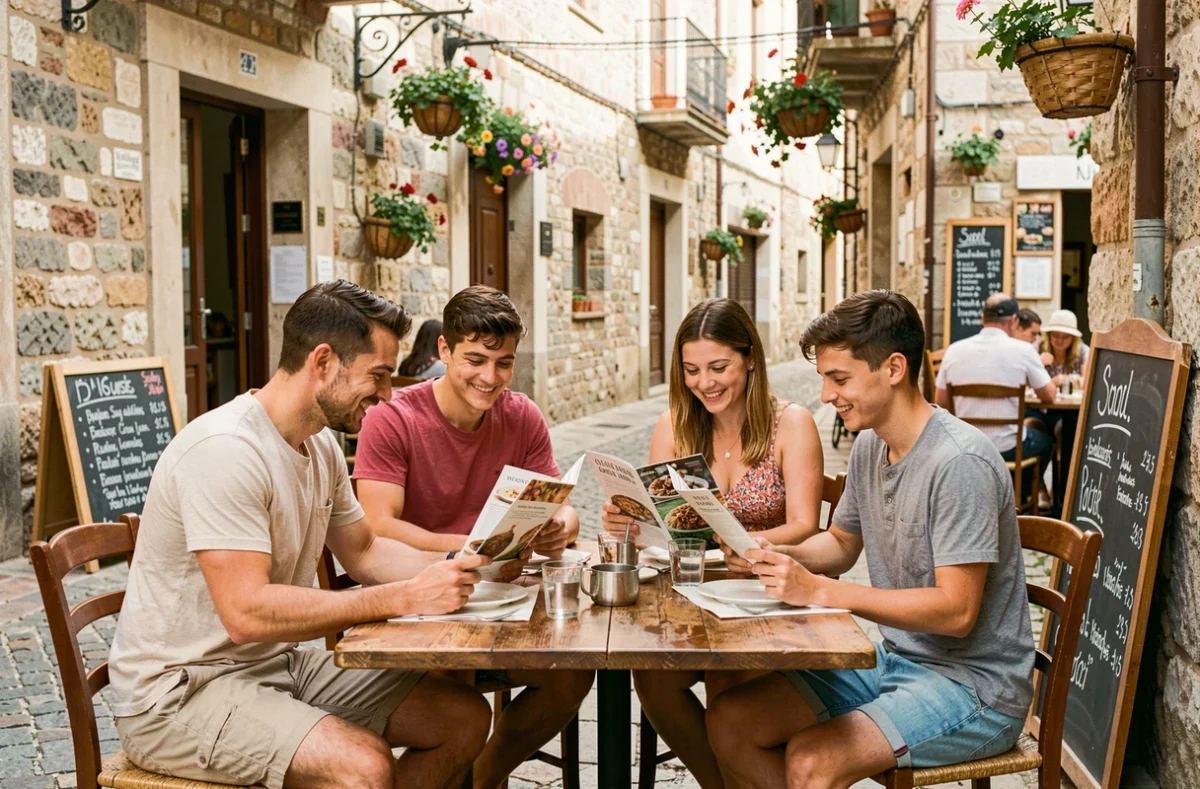 Famille attablée en terrasse dans une rue pittoresque du centre historique de Salou consultant les menus d'un restaurant catalan