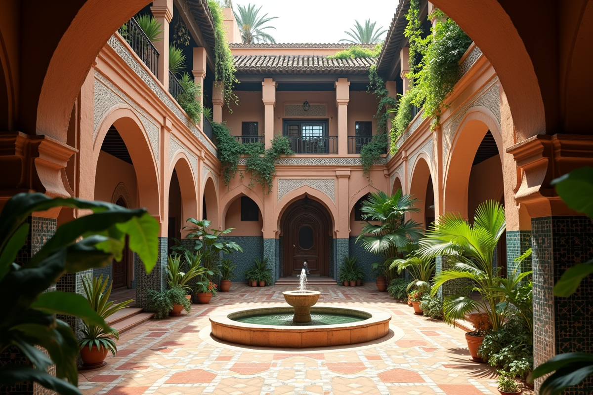 Cour intérieure d'un riad marocain traditionnel avec fontaine et mosaïques