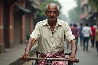 Homme rickshaw à Kolkata avec bâtiments coloniaux