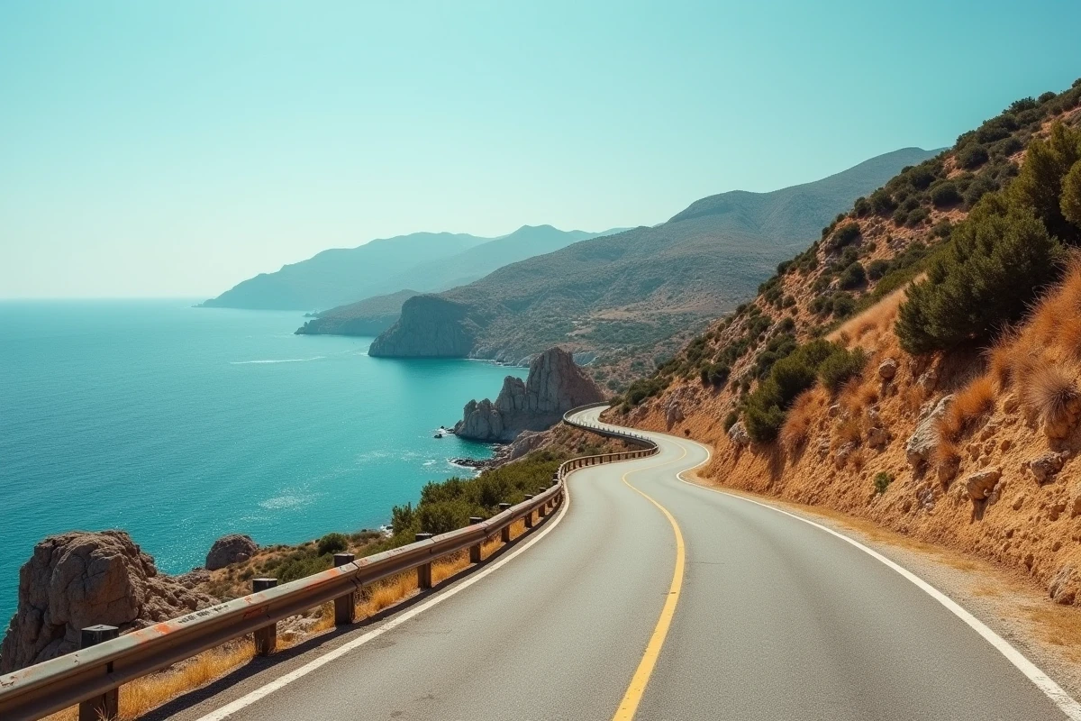 Route côtière sinueuse longeant les falaises rocheuses de Corse du Sud entre Propriano et Ajaccio avec vue sur la mer turquoise