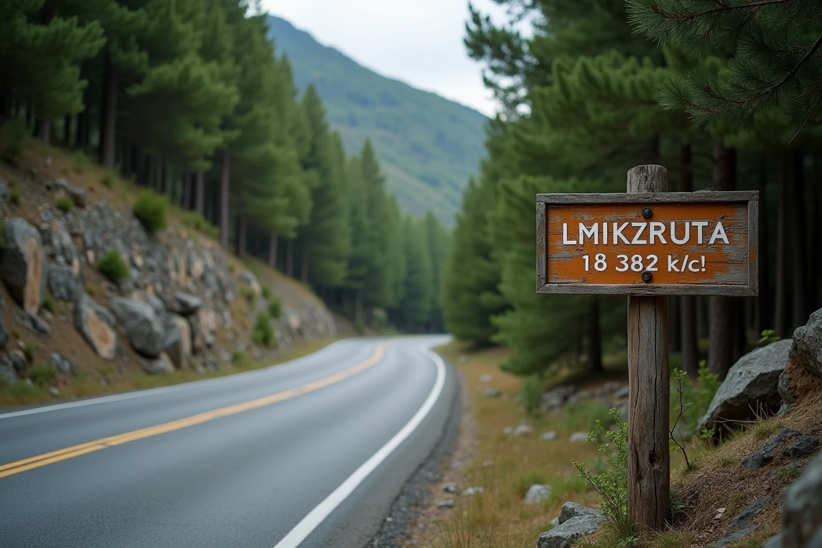 Route intérieure de montagne traversant la forêt corse entre Propriano et Ajaccio avec panneau de distance kilométrique
