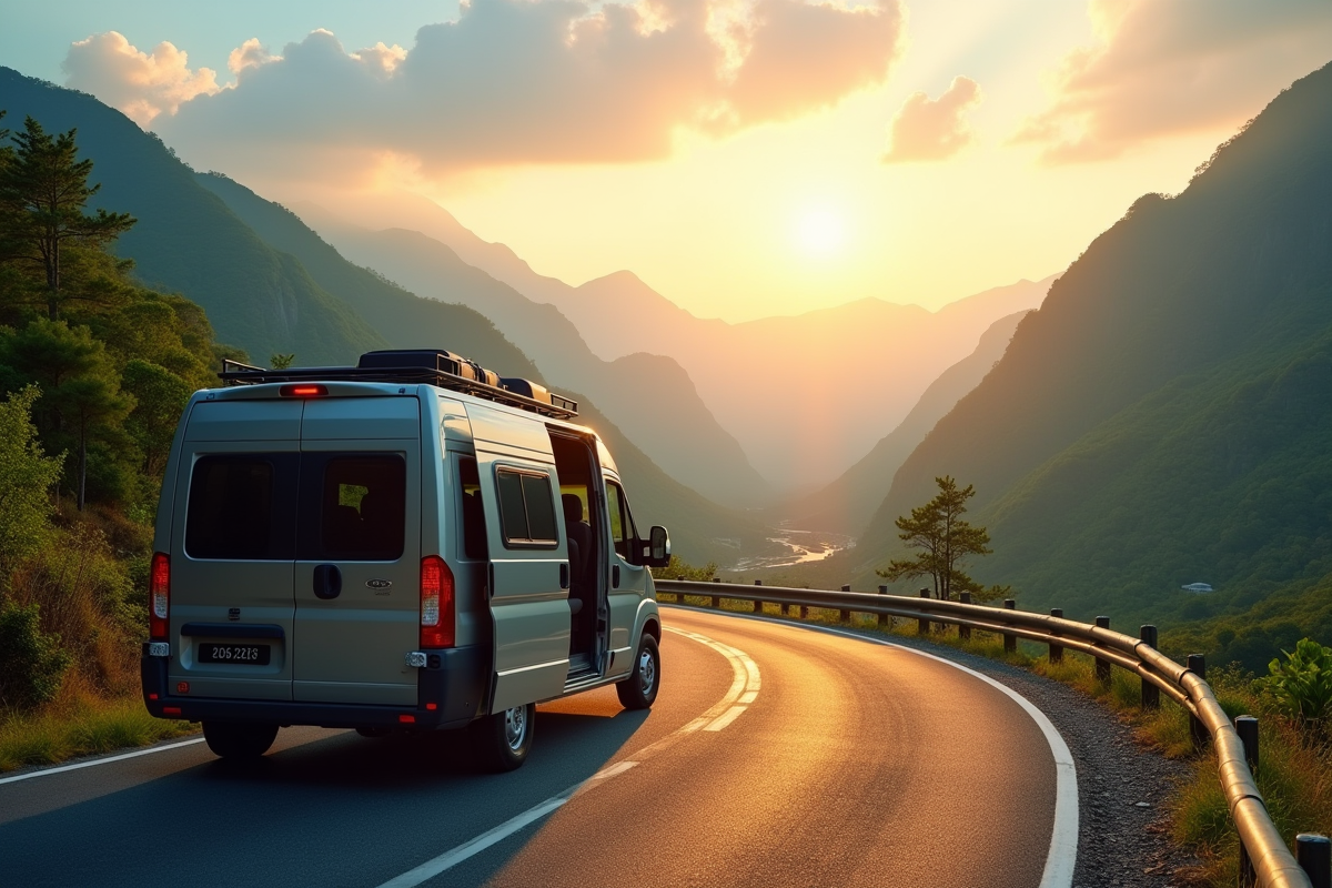 Van moderne sur une route de montagne en Asie du Sud-Est