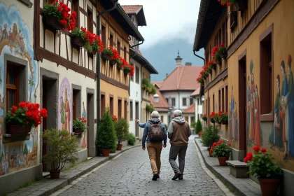 Rue pavée d'Oberammergau avec façades peintes de fresques bavaroises Lüftlmalerei et couple de touristes en promenade