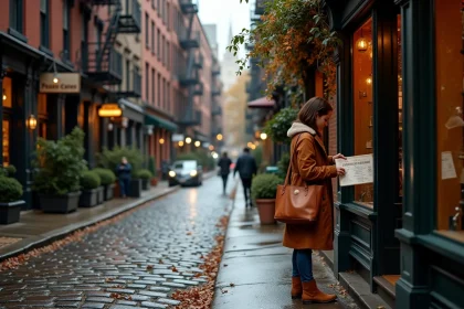 Femme explorant une rue pavée typique de SoHo New York sous les facades en fonte historiques et les escaliers de secours