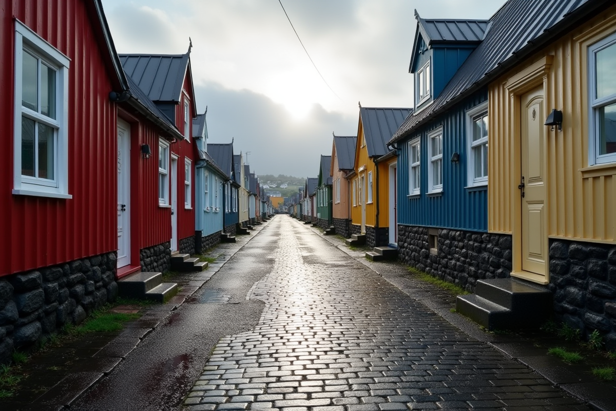 Rue pavée avec maisons colorées aux Faroe