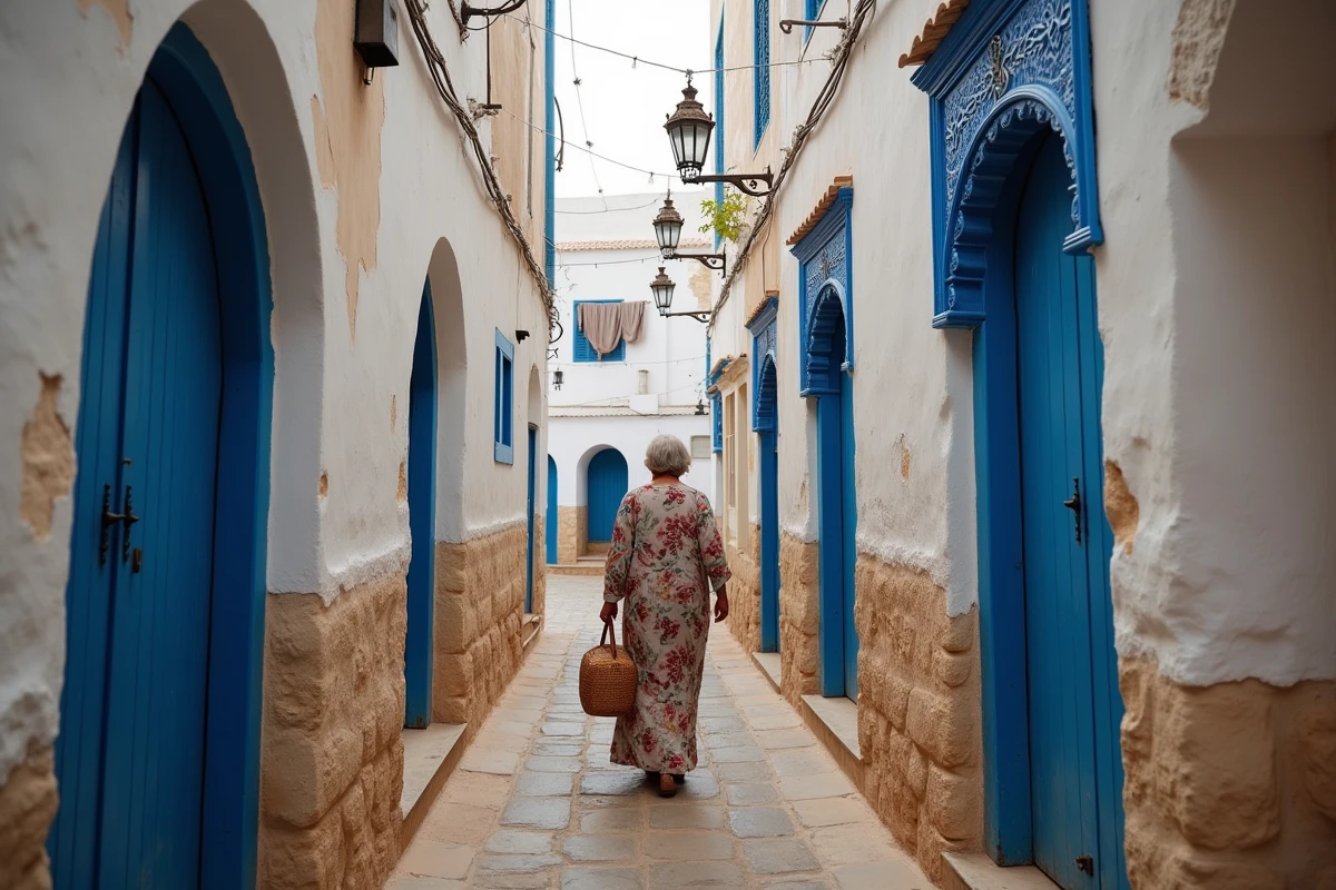 Ruelle étroite d'une médina tunisienne avec ses murs blanchis à la chaux et ses portes bleues emblématiques