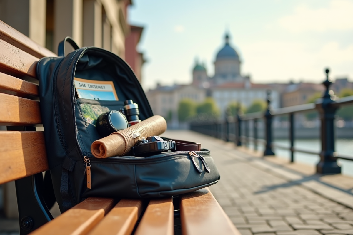 Sac à dos ouvert avec guides et accessoires en ville
