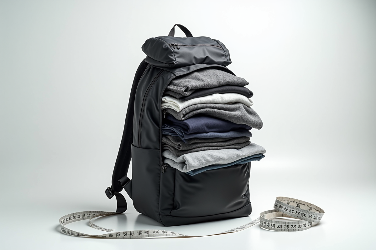Sac à dos moderne rempli de vêtements dans un studio lumineux