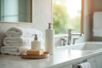 Salle de bain moderne avec produits de toilette et serviettes blanches