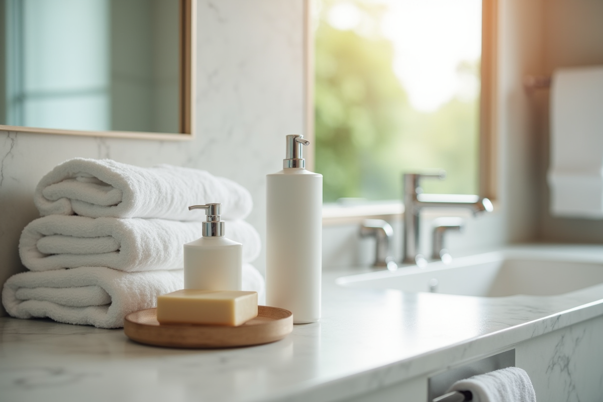 Salle de bain moderne avec produits de toilette et serviettes blanches