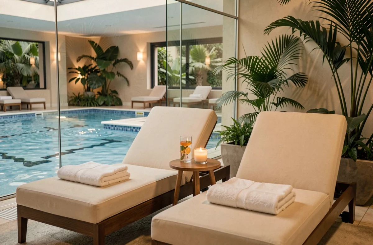 Salon de relaxation spa avec vue sur la piscine intérieure dans un hôtel de luxe parisien