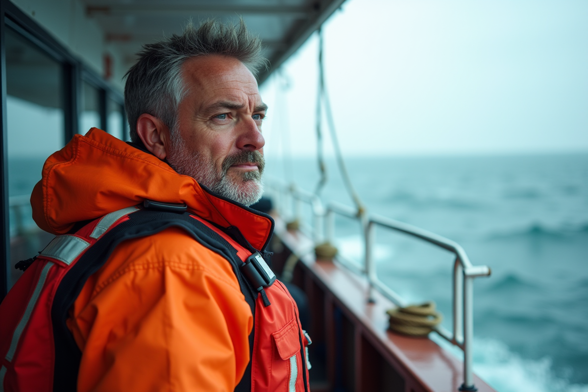 Sauveteur en veste orange sur un bateau en mer