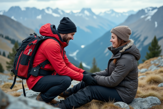 Secouriste en montagne aidant une randonneuse blessée