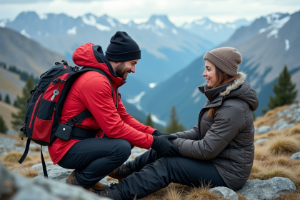Secouriste en montagne aidant une randonneuse blessée