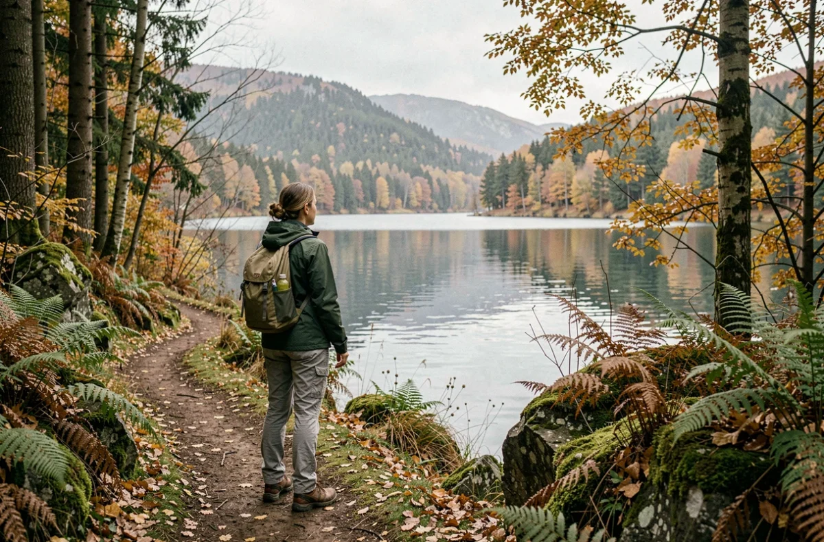 Randonneuse sur le sentier du tour du lac de Gérardmer en automne avec reflets dorés sur l'eau