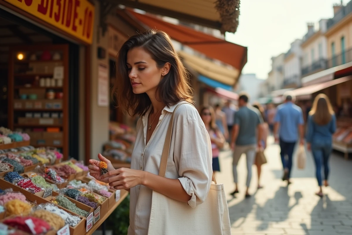 Femme faisant du shopping à Dancharia, marché frontalier franco-espagnol avec étals colorés et produits locaux