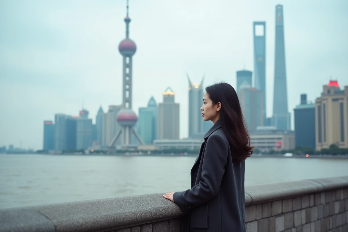 Jeune femme admirant le panorama emblématique de Shanghai depuis le Bund avec la skyline de Pudong en arrière-plan