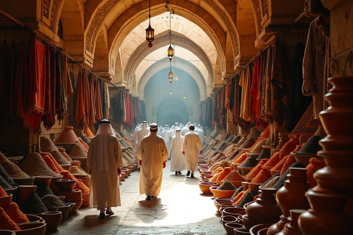 Souk animé d'une médina historique tunisienne avec épices, tapis et artisanat traditionnel sous des voûtes en pierre