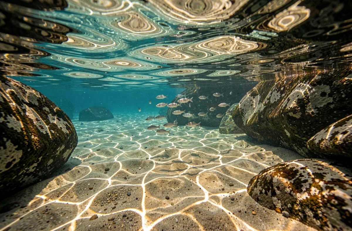 Vue sous-marine à Cala d'Orzu révélant la clarté exceptionnelle de l'eau et le fond rocheux de cette crique corse préservée