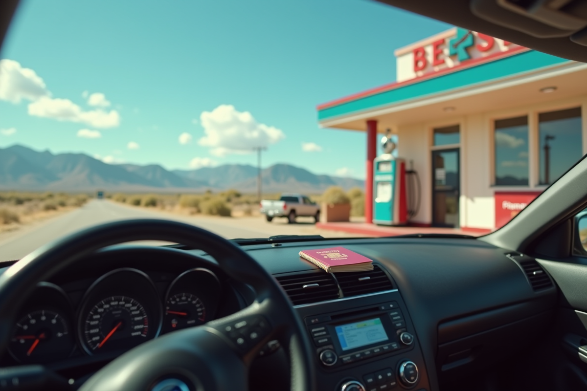 Voiture de location au station service américaine avec passeport et permis sur le tableau de bord