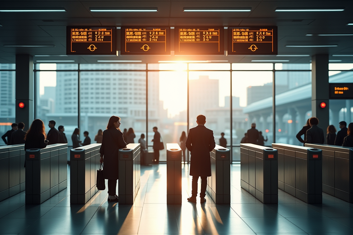 Gare moderne de Tokyo en journée avec voyageurs et écrans