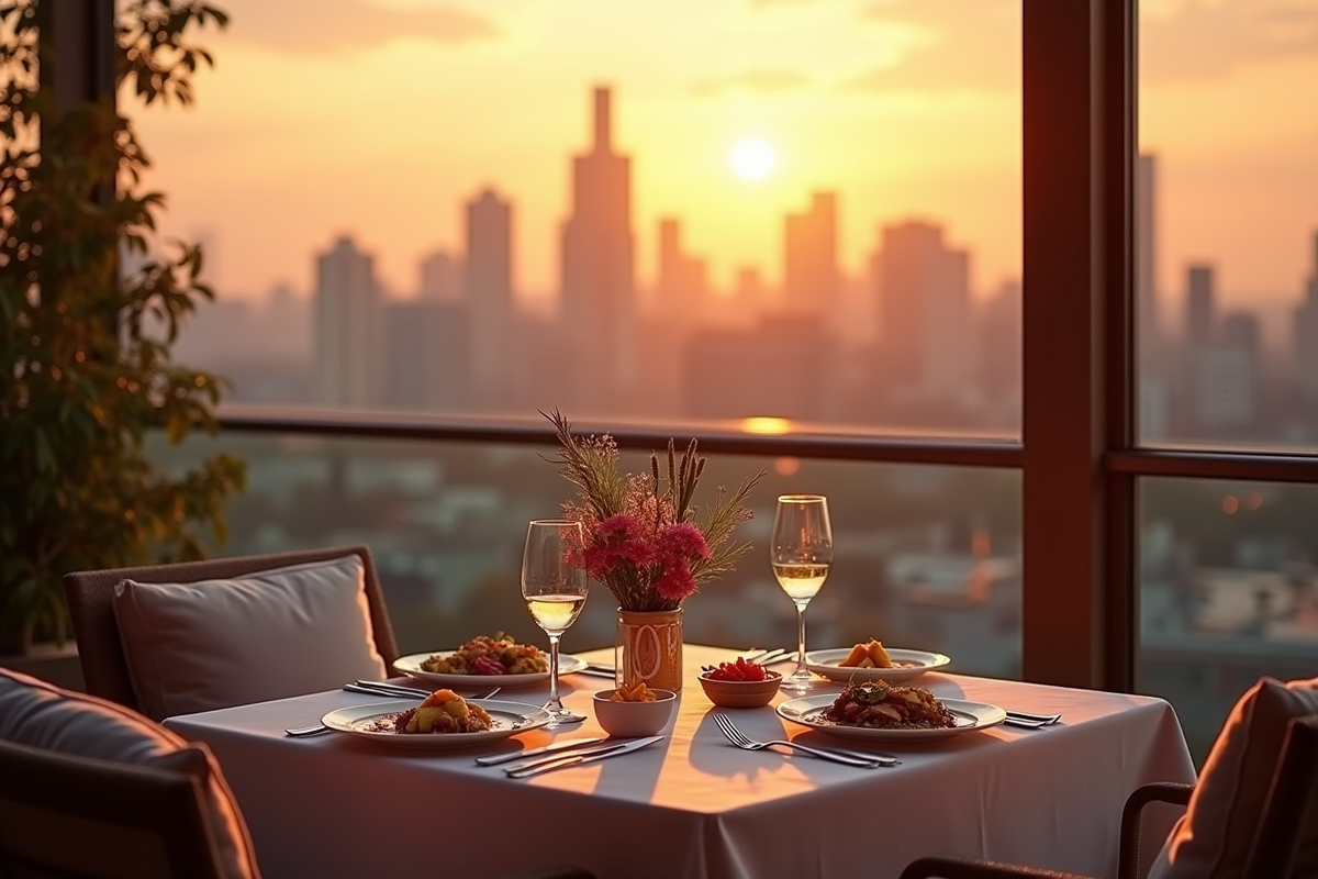 Terrasse privée avec vue sur la ville au coucher du soleil et repas gourmet