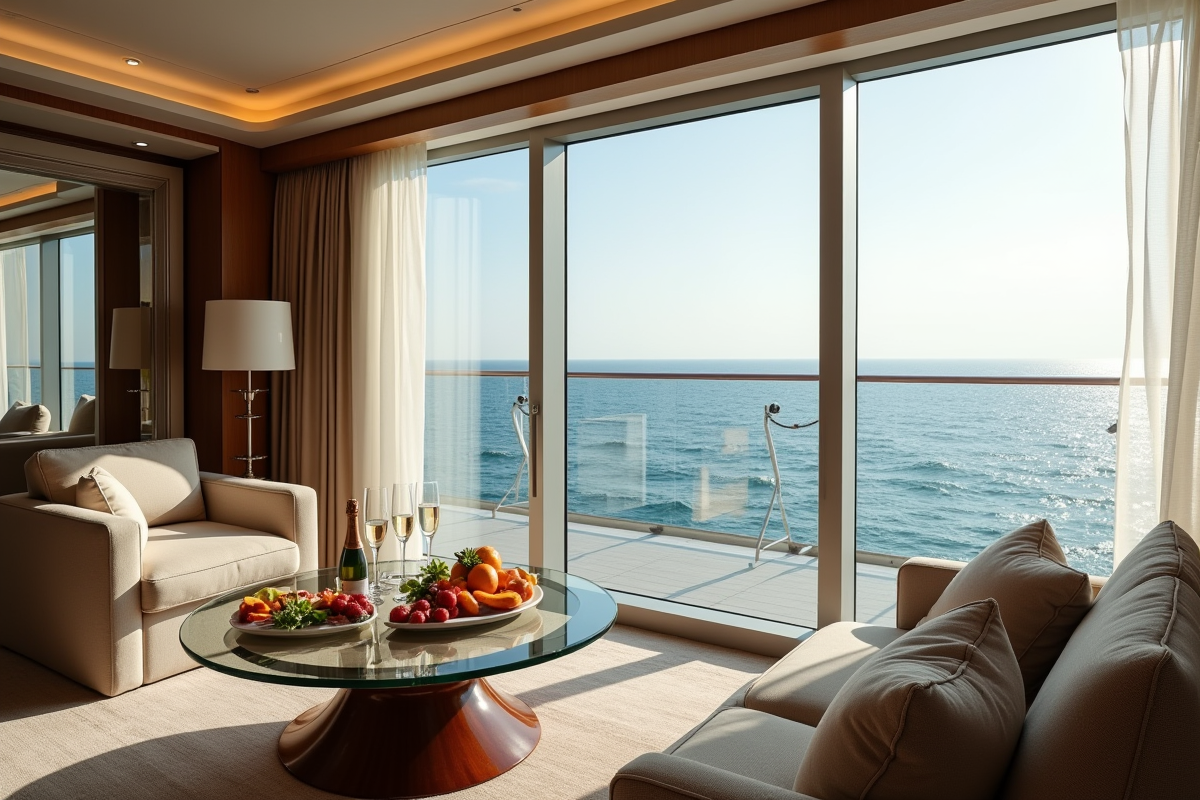 Intérieur de suite de croisière avec vue panoramique sur la mer et champagne