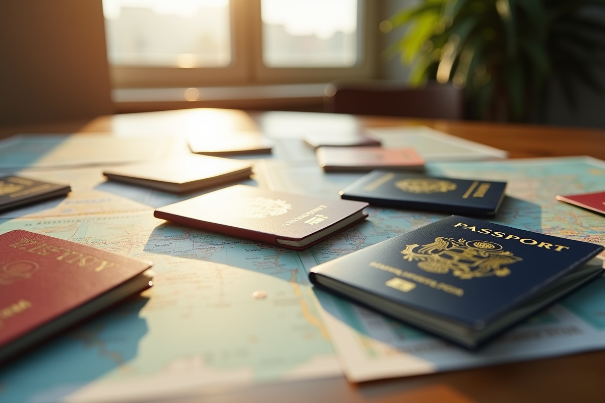 Table avec plusieurs passeports et visas de différents pays
