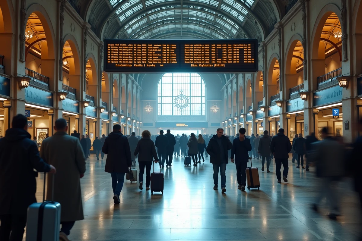 Hall de gare européenne avec tableau des départs affichant Venise Santa Lucia et voyageurs en mouvement