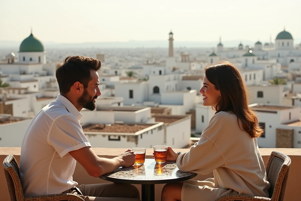 Terrasse panoramique donnant sur les toits d'une médina classée de Tunisie avec vue sur les minarets et les coupoles