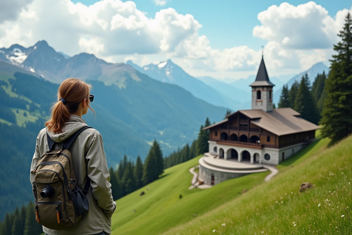 Vue panoramique du théâtre de la Passion d'Oberammergau avec paysage alpin bavarois et femme randonneuse au premier plan