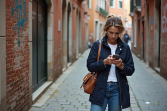 Femme touristique à Venise vérifiant son smartphone