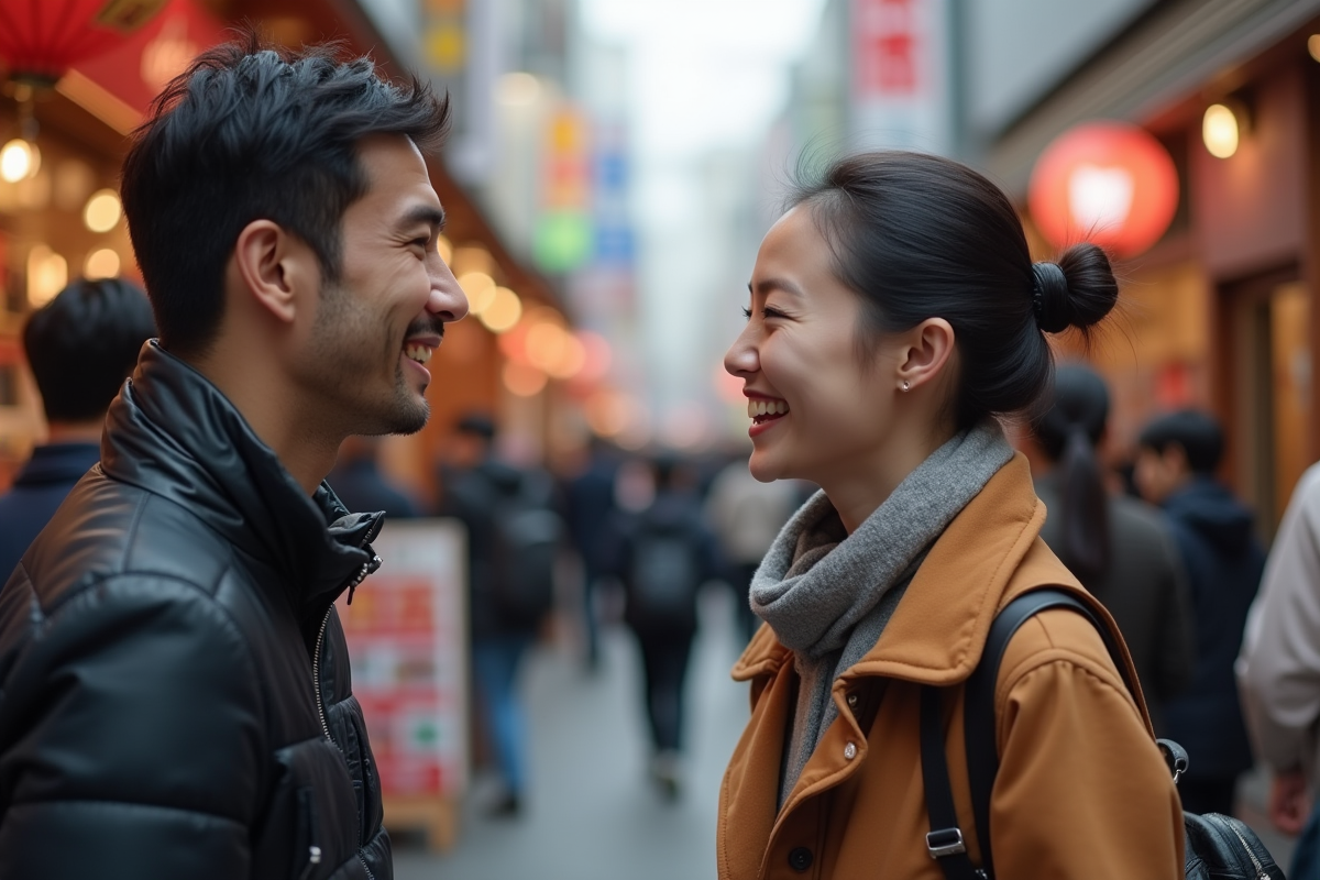 Touriste francais souriant avec un local japonais dans un marché tokyo