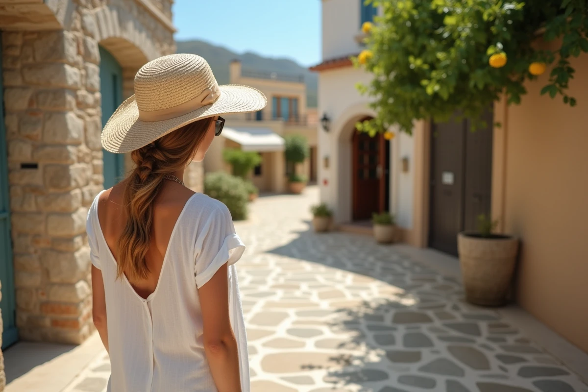 Touriste seule à l'entrée d'un hôtel tout compris en Crète regardant vers un village grec authentique