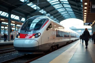 Train ICE haute vitesse en gare allemande avec voyageurs sur le quai